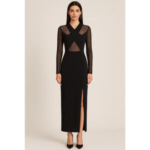 Vintage Caché Y2K Mesh Panel Bodycon Dress with Side Slit – Black, Size S